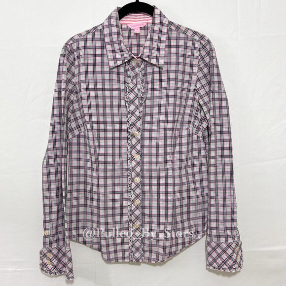LILLY PULITZER Multicolor Plaid Long-Sleeve Ruffle Button-Front Shirt - Size 8 - Picture 12 of 16